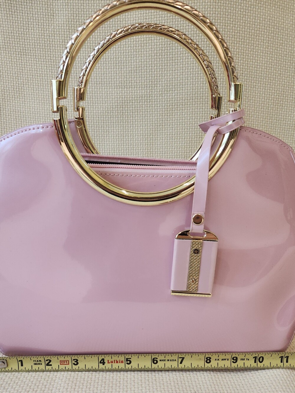 Pink Patent Leather Satchel Gold Ring Top Handle Crossbody Bag Structured Purse - Picture 11 of 16